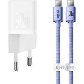 Resim Baseus GaN5 Beyaz 30W PD Hızlı Şarj Adaptörü ve Crystal Shine Mor 100W PD Type-C Hızlı Şarj Kablosu Seti 1.2m 