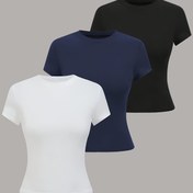 Resim Kadınların Kolsuz Atletleri - Deniz, Siyah, Beyaz, Polyester, Yuvarlak Yaka, Kısa Kollu, Örgü Kumaş, Tüm Mevsimler İçin Giyim, Rahat Kıyafetler|Minimalist Tarz|Esnek Malzeme 