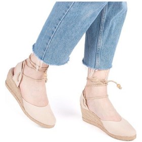 Resim Gerçek Elişi Topuğu Açık Bilekten Bağlamalı Dolgu Topuk Keten Hasır Espadril Handmade Açık Bej 