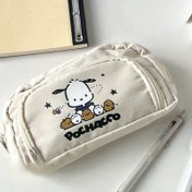 Resim 1Pcsanrio Şirin Köpek Tasarımı, Yüksek Sonlu Görünümü ile for pochacco Çift Katlı Flip Kanvas Kalem Kutusu Büyük Kapasiteli ve Okul Malzemeleri ve Kağıt Ürünleri Saklamak için Uygundur 