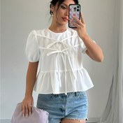 Resim Kadınların Şık Yaz Üstü, Puf Kollu ve Ruffle Detaylı, Düğmeli Yaka, Polyester Spandex Karışımı, Kısa Kollu Düz Renk Gömlek, Gece Çıkışı İçin - A Uygun 