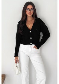 Resim Noa & Noa Kadın Çiçek Nakışlı Düğmeli Premium Hırka Romantik & Zarif Stil Siyah 