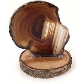 Resim Doğal Taş Plaka Akik Kahverengi Ahşap Standlı Dekoratif Obje Biblo 