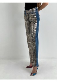 Resim Miss Poem Kadın Leopar Varak Baskılı Wide Leg Jean - Orta Mavi Mavi 