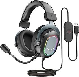 Resim FIFINE Mikrofonlu Oyun Kulaklığı, Kablolu Kulak Üstü Kulaklık, PC PS4 PS5 için USB Kulaklık, 3 EQ Modlu RGB Kulaklık, Surround Ses ve Kulak Yastığı 