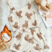 Resim Rahat Kadın Peluş Pijama Takımı - Sevimli Hayvan Baskılı, Ayı & Tavşan Tasarımlı Kalın Kışlık Uyku Giyim, Yumuşak Kahverengi & Sonbahar/Kış için Mükemmel, Günlük & Rahat, Sıcak Ev Giyim|Oyunbaz Baskı|Yumuşak Doku 