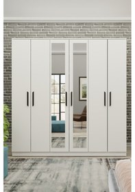 Resim Gm 081 Favorite 6 Kapılı Aynalı Beyaz Siyah Kulplu Gardırop 