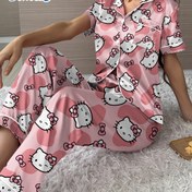 Resim Sanrio Hello Kitty Saten Pijama Seti, Polyester %97 Elastan %3, Kısa Kollu Düğmeli Ön Yaka, Tüm Mevsimler Temel, Dokuma Kumaş, 90gsm, Yetişkin Uyku Giysileri 