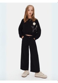 Resim Kız Çocuk Çiçek Desenli Sweatshirt-16127 Siyah 