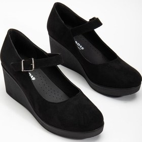 Resim Baretli Suni Deri Siyah Süet Kadın Dolgu Taban Ayakkabı-3104 Siyah - Kahverengi 