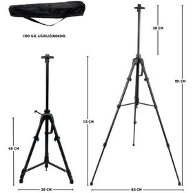 Resim Katlanabilir Metal Tripod Şövale - Kollu Yükseklik Ayarlı, Su Terazili, Pusulalı, Siyah 