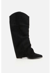 Resim Kadın Süet Siyah Dikiş Detaylı Western Kalın Topuklu Çizme Siyah 