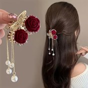 Resim 2 adet/1 adet Kadınlar için Sahte İnci ile Şık Vintage Gül Kiraz Saç Pençesi, Parıltılı Taşlı Kırmızı Çiçekli At Kuyruğu Klipsi Sevgililer Günü Aksesuarları 