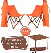 Resim Bag The Joy Kahverengi İskelet Turuncu Kılıf Sandalye ve 70x70x55 CM Kahverengi Ahşap Katlanır Masa Seti 