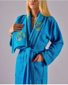 Resim Alya Lüks Nakışlı Pamuklu 2 Parça Bornoz Seti Mavi 