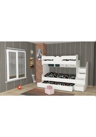 Resim 2Aevmoduler 2022 Üretim Mdflam Düz Yüzey Lake Beyaz 3 Kişilik Cekmeceli Ranza 