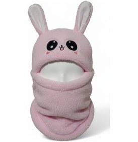Resim Eleven Markets Kız Çocuk Kulaklı Bere Boyunluk Takım Sevimli Tavşan Desenli Polar Kışlık Şapka & Atkı, 3-9 Yaş Pembe 