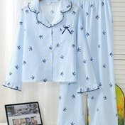 Resim Mavi Dikey Çizgili Baskılı Kadın Pijama, Volanlı Uzun Kollu Üst ve Pantolon Takımı, Kolay Rahatlık Yay Baskılı Rahat Giyim, Tek Düğmeli Açık Ön Kardigan Turn- Yaka Günlük Giyim 2 Adet 