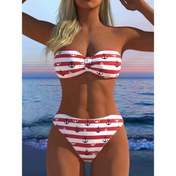 Resim Şık Kadın Bikini İki Parça Set, Çizgili Anker Baskısı, Rahat Yüksek Elastikiyetli Kumaş, Yaz Plaj Tatilleri için Mükemmel 