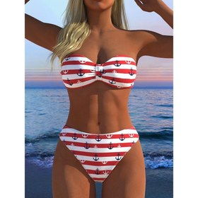 Resim Şık Kadın Bikini İki Parça Set, Çizgili Anker Baskısı, Rahat Yüksek Elastikiyetli Kumaş, Yaz Plaj Tatilleri için Mükemmel 