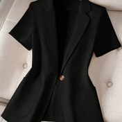 Resim Kadınlar için Rahat Kısa Kollu Ceket - Siyah Tek Düğmeli Asimetrik Cepli Gevşek Kesim Hafif Yazlık Blazer, Makinede Yıkanabilir Düz Renk Ofis ve Günlük Giyim 