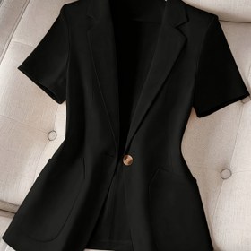 Resim Kadınlar için Rahat Kısa Kollu Ceket - Siyah Tek Düğmeli Asimetrik Cepli Gevşek Kesim Hafif Yazlık Blazer, Makinede Yıkanabilir Düz Renk Ofis ve Günlük Giyim 