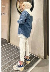 Resim Koyu Mavi Kar Yıkama Püskül Detay Kot Ceket Oversize Koyu Mavi 