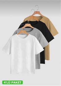 Resim Basic Düz 4'lü Çoklu T-shirt - Siyah, Beyaz, Gri, Kahverengi Oversize Bisiklet Yaka 