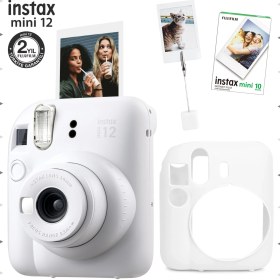 Resim Fujifilm Instax Mini 12 Beyaz Fotoğraf Makinesi - 10'lu Film - Kıskaçlı Resim Standı ve Silikon Kılıf Seti 