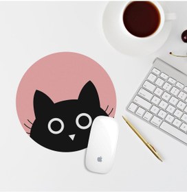 Resim Siyah Kedili Pembe Yuvarlak Mouse Pad Mouse Altlığı 