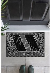 Resim Çiçekli Modeli Welcome Hoş Geldi Yazlı Kapı Önü Paspası Gri Rengi 