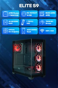 Resim Game Garaj Elite S9 AMD Ryzen 7 7800X3D 32GB RAM 1TB SSD RX9070XT 16GB 240mm Sıvı Soğutma FreeDOS Oyuncu 