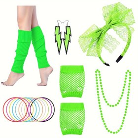 Resim 6'lı D EXCEED Neon Yeşil 80'ler Parti Aksesuar Seti Kadınlar İçin - Canlı Fiyonklu Saç Bandı, File Eldivenler, Bacak Isıtıcıları & Daha Fazlası - Retro Partiler, Gece Kulüpleri, Doğum Günleri & Cadılar Bayramı İçin Mükemmel 
