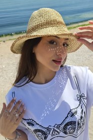 Resim Kadın Solea Hasır Bucket Şapka Bej - Kahve Dokulu, Yazlık Hafif ve Şık - Standart / BEJ 
