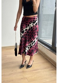 Resim Mixray 4647 Kadın Beli Lastikli Leopar Saten Etek Bordo 