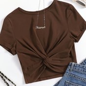 Resim Kadınların Şık Kahverengi T-Shirt'i "Kawaii" Kurdele Detayı ile - Rahat Kısa Kollu, Yuvarlak Yaka, Hafif Polyester Karışımı için İlkbahar/Yaz/Sonbahar, Rahat Giyim | Rahat Stil | Hafif Kumaş 