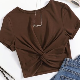 Resim Kadınların Şık Kahverengi T-Shirt'i "Kawaii" Kurdele Detayı ile - Rahat Kısa Kollu, Yuvarlak Yaka, Hafif Polyester Karışımı için İlkbahar/Yaz/Sonbahar, Rahat Giyim | Rahat Stil | Hafif Kumaş 