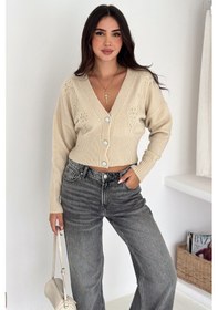 Resim Noa & Noa Kadın Çiçek Nakışlı Düğmeli Premium Hırka Romantik & Zarif Stil Bej 