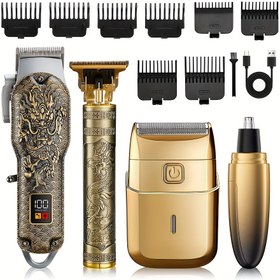 Resim 4'ü 1 Arada Şarj Edilebilir Erkek Profesyonel Saç Kesme Makinesi, Folyo Trimmer, Hassas Saç Kesici ve Burun Kılı Tıraş Seti - Altın Renkli Dört Parça Saç Kesme Seti, Sınırlı Tarak Dahil Ev ve Berber Kullanımı İçin Uygun, İdeal Babalar Günü Hediyesi 