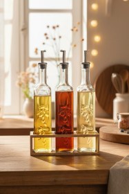 Resim Snippy Olea - 3'lü Ahşap Uzun Katlı Standlı Cam Zeytinyağı Şişesi Yağdanlık Damlatmaz Yağlık Sirkelik 500ml Ahşap 