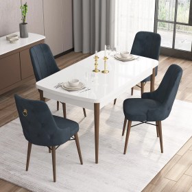 Resim Canisa Concept Are Serisi, 80X132 Açılabilir Mdf Beyaz Masa Ceviz Ayak Masa Takımı, 4 Sandalye 