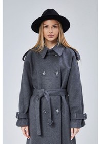 Resim Kuşaklı Oversize Kaşe Kaban Koyu Gri 