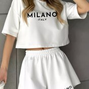 Resim Kadınların Hafif Mavi "Milano İtalya" Baskılı Kırpma Üst ve Yüksek Bel Şort Takımı - Ruched Detaylı Rahat Yaz Kıyafeti, Polyester Karışımı, Makinede Yıkanabilir, Yüksek Bel Şortlar 