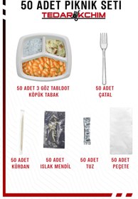 Resim Koza End 3 Gözlü Köpük Tabak Çatal Islak Mendil Peçete Tuz Kürdan Piknik Seti (50 Adet) 