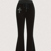 Resim Kadın Gotik Haç Taşlı Flare Bacak Pantolon, Rahat Bağcıklı Slim Fit, Polyester %95 Elastan %5 Örme Kumaş, İlkbahar/Sonbahar Sezonu, 180g/m² Ağırlık 