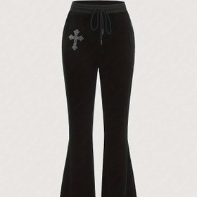 Resim Kadın Gotik Haç Taşlı Flare Bacak Pantolon, Rahat Bağcıklı Slim Fit, Polyester %95 Elastan %5 Örme Kumaş, İlkbahar/Sonbahar Sezonu, 180g/m² Ağırlık 