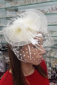 Resim Hayalperest boncuk Gelin Aksesuarı Beyaz Puantiyeli Vualet Nikah Şapkası 