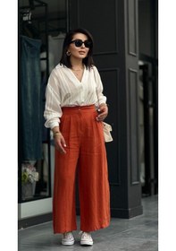 Resim Kremit % 100 Ham Keten Çift Pensli Çift Düğmeli Bol Paça Pantolon Orange 
