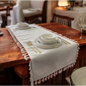 Resim Natural, %100 Organik Pamuklu, Kenar Püsküllü, Naturel Keten Runner 