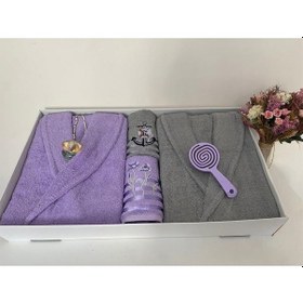 Resim Çeyizlik Aile Bornoz Seti 4 Parça Lila - Gri Çok Renkli 